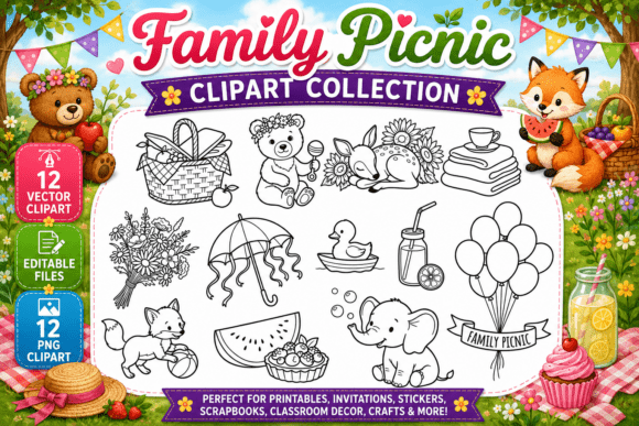 Download Family Picnic Digital Coloring Clipart - Premium Resources